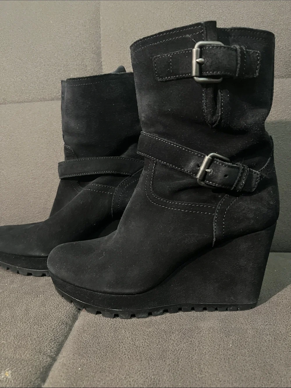 PRADA Black Suede Wedge Ankle Boots with Buckle Strap - Picture 5 of 8